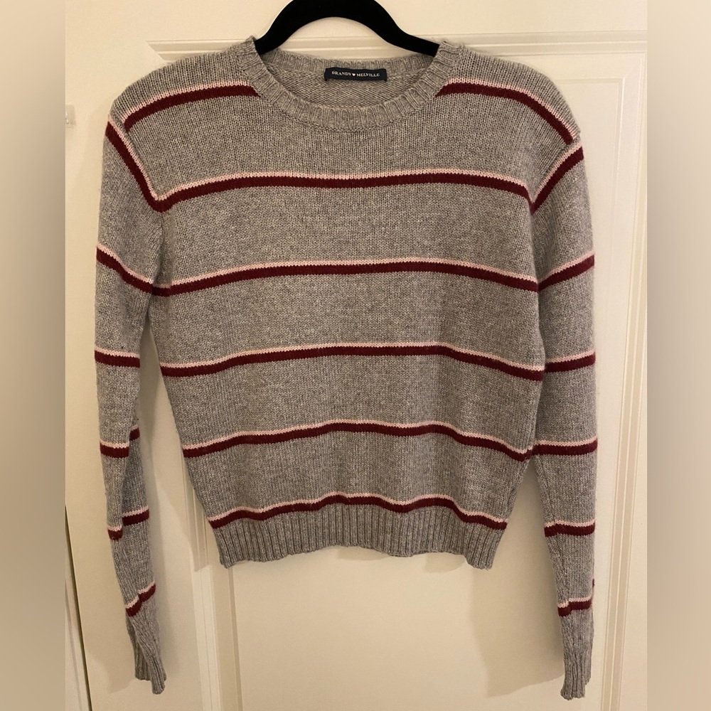 Brandy Melville Gray and Burgundy Striped Sweater